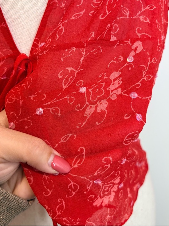 Vintage 90’s Y2K Ann Taylor Silk Tie Front Top Sequins Sheer Red - Picture 3 of 7